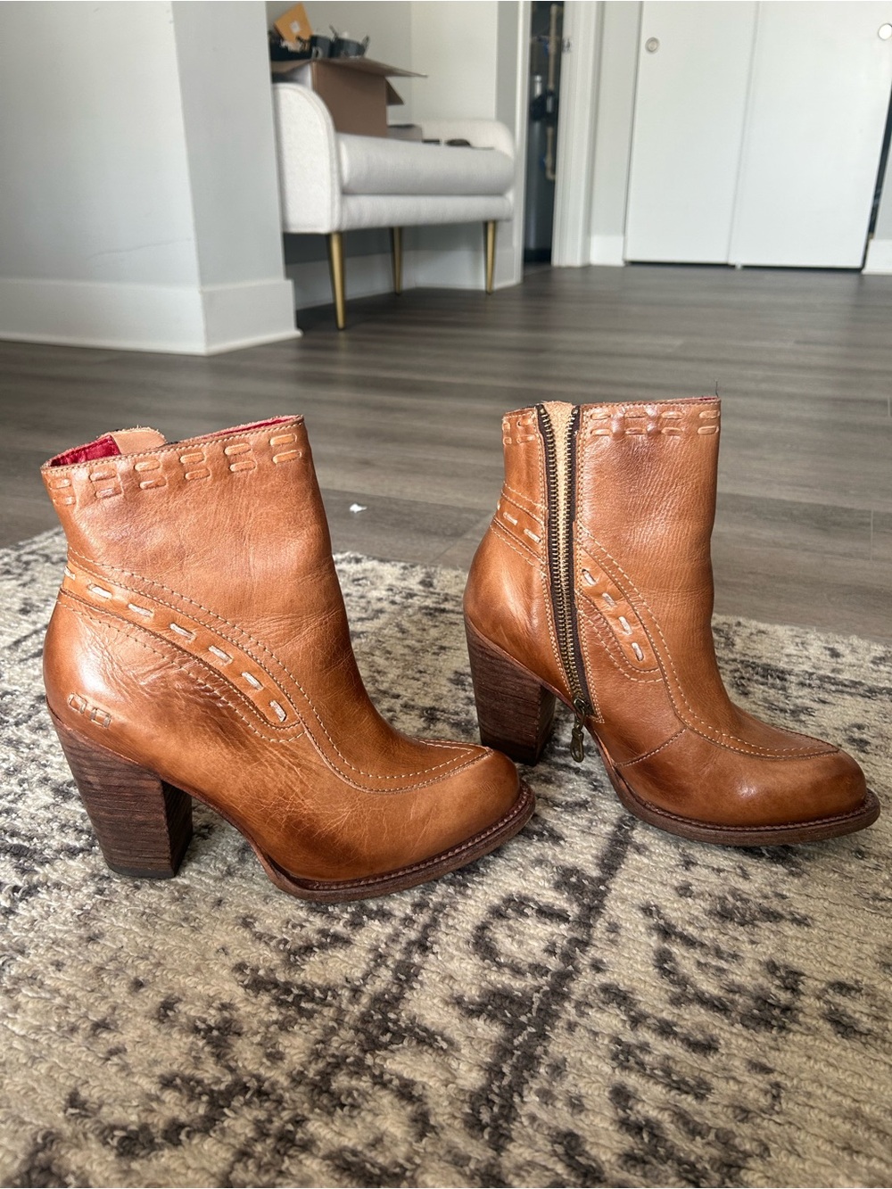 BED|STU Cognac Leather Ankle Boots with Block Heel